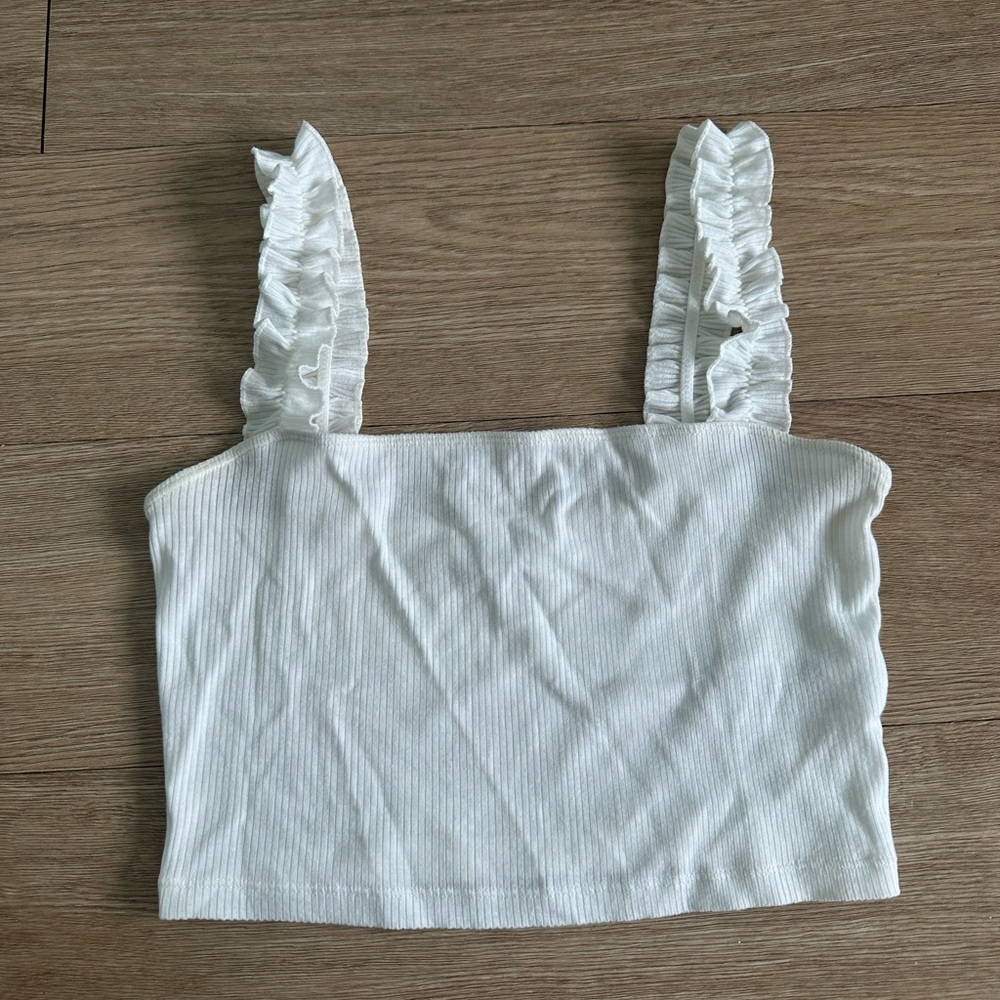 Aritizia Sunday Best White Ribbed Ruffle Strap Tank Top
